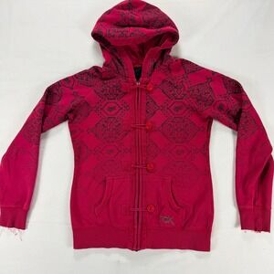 Fox Womens Zip Up Hoodie Pink Graphic Toggle Front Moto Sweatshirt Thrashed